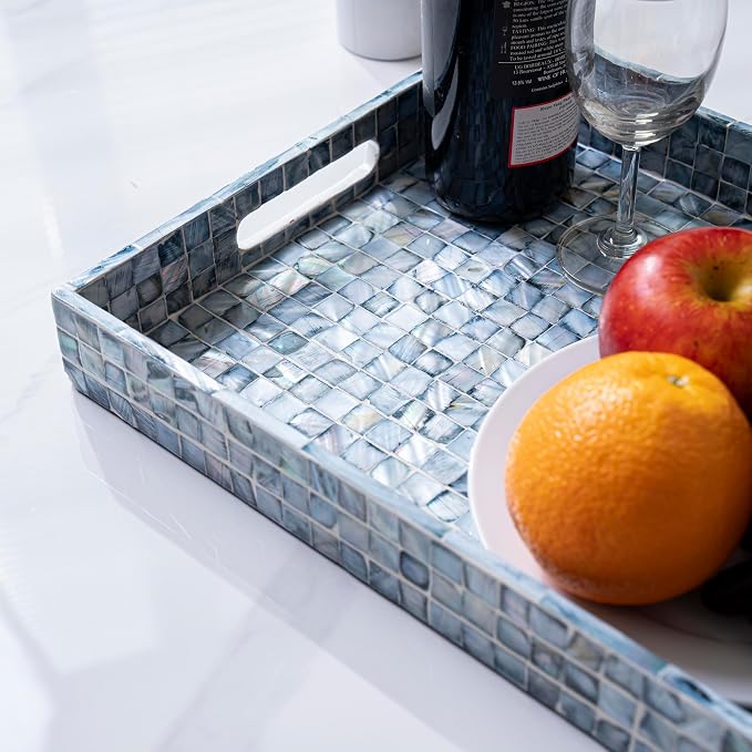 PEMAR Rectangular Mother of Pearl Serving Tray Nacre Wood Lap Ottoman Tray for Coffee Table, Luxury Decorative Handmade Eating Platters w Insert Handles (Blue)