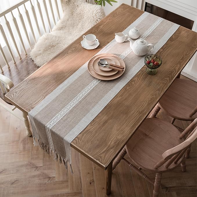 Niviy Farmhouse Table Runner, Embroidered Striped Braided Coffee Boho Table Runner, Cotton Linen Farmhouse Table Decoration for Holiday Party 12 x 108 Inches