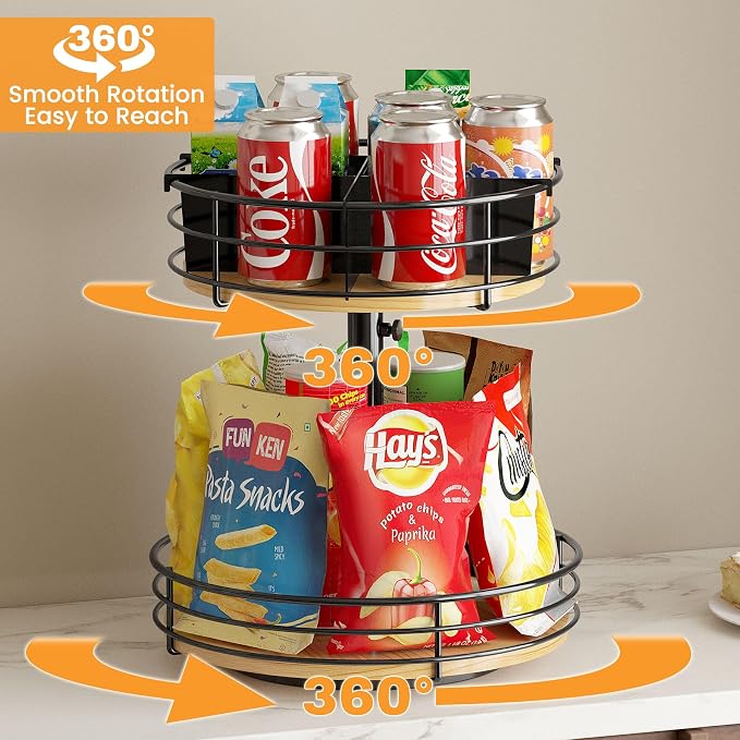 2 Tier Lazy Susan Snack Organizer, Adjustable Height, Black | 12 Inch, Wood Rotating Spice Rack, For Kitchen Countertop Pantry Cupboard Bathroom, Coffee Bar Home Storage