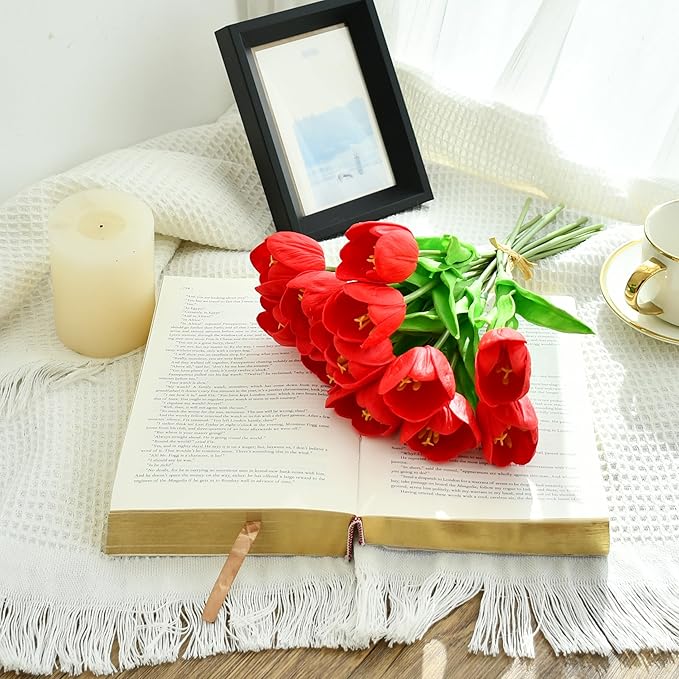 Mandy's Red Partially Open Artificial Tulips Flowers Centerpiece, 13.5" Lifelike PU Fake Floral Stems 12pcs for Kitchen Island & Dining Table, Spring Decor for Easter