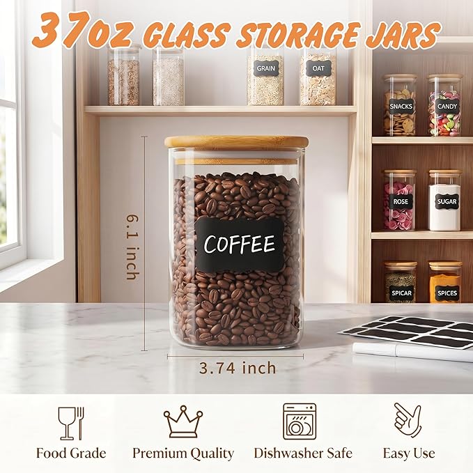 SENTVEND 37 Oz Glass Storage Jars with Bamboo Lids - 6 Pack Clear Glass Canisters Square Airtight Stackable Ideal for Pantry Storage Containers Organizers Great for Storing Oats Coffee Beans Nuts etc