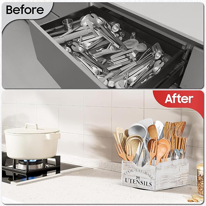 [Upgraded] Extra Large Kitchen Utensil Holder for Countertop with 360° Rotating Base, 6 Compartments, Removable Divider, Wooden Utensil Organizer for Countertop, Farmhouse Kitchen Decor