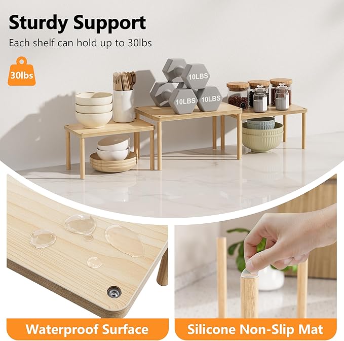 HYPIGO Cabinet Storage Organizer Shelf, Set of 3 Kitchen Cabinet Shelves, Stackable Cabinet Risers, Spice Rack Organizer for Countertop, Under Sink, Bathroom, Pantry Organization with Non-Slip Mat