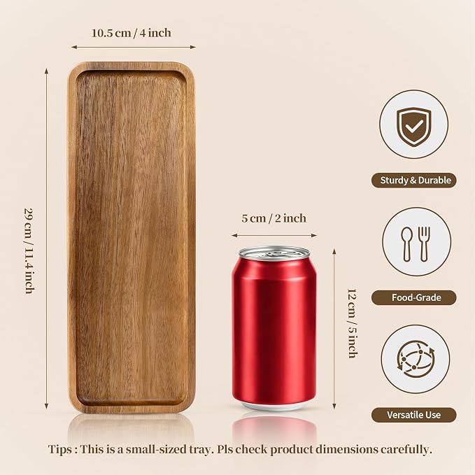 Small Wooden Tray | Acacia Wood Tray for Vanity, Bathroom Counter, Coffee Table & Toilet | Perfect for Jewelry, Remote, Perfumes & Catch All | Mini Charcuterie Board Serving Platter (Rectangular)