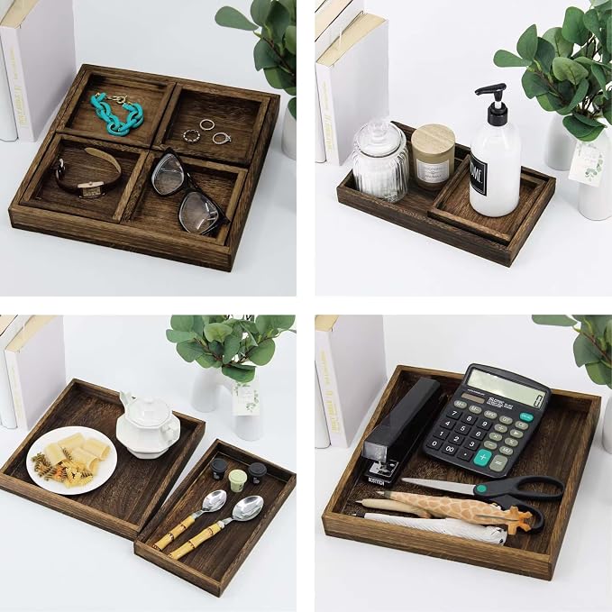 Serving Tray with Handles,15.8"x 11" Wood Decorative Tray for Living Room, Modern Coffee Table Tray, Square Large Serving Platters for Home Decor, Ottoman, Bed, Kitchen, Bathroom, Breakfast, Bar