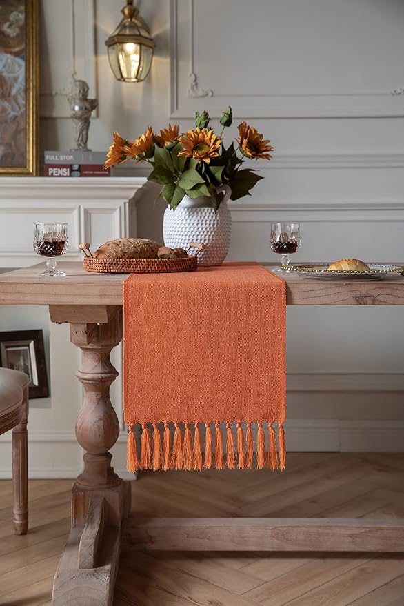 ZeeMart Burnt Orange Table Runners 72 Inches Long, Burlap Linen Style Rustic Farmhouse Fall Table Runner, Boho Woven Dining Table Runner, 13x72 Inches, Harvest Pumpkin