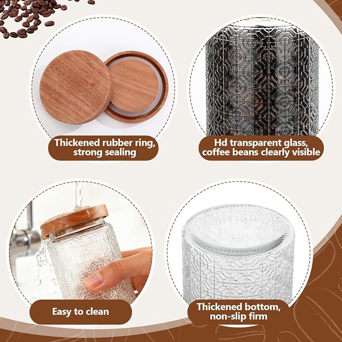 Suclain Glass Coffee Grounds Container with Shelf 2 x 34 oz Glass Coffee Bean Storage Canisters with Airtight Thread Lid and Measuring Spoon Food Storage Jars for Kitchen Sugar(Classic Style)