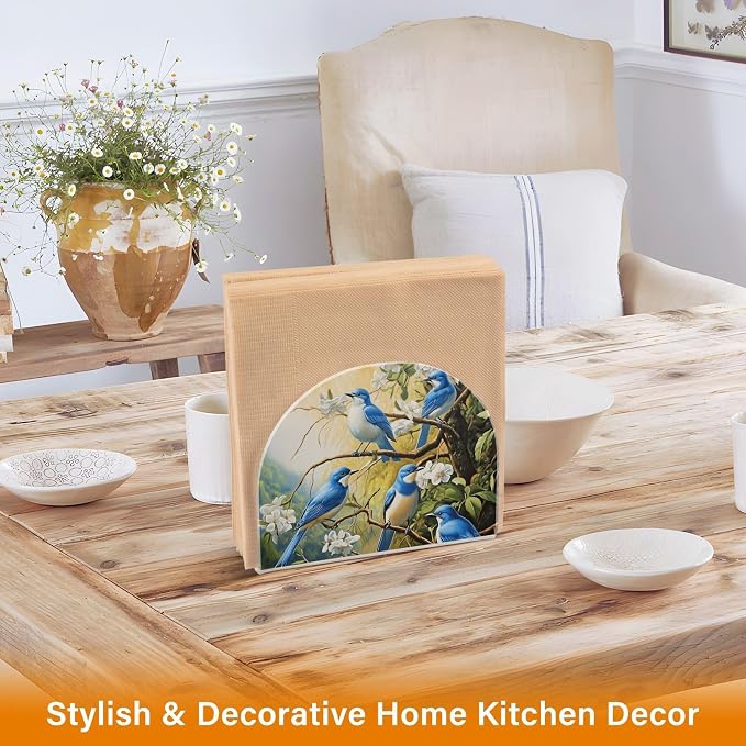 Fustylead Blue Bird White Flower Patterned Napkin Holder for Table Acrylic Vertical Napkin Holders for Paper Napkins Decor Napkin Dispenser for Home Party Dining Cocktail Kitchen Accessories, 2 PC