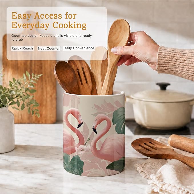 Pink Flamingos Kitchen Utensil Holder,Palm Leaf Hibiscus Large Ceramic Utensil Crock Organizer for Spatulas,Spoons and Cooking Tools,Kitchen,Home Decoration 6.3"