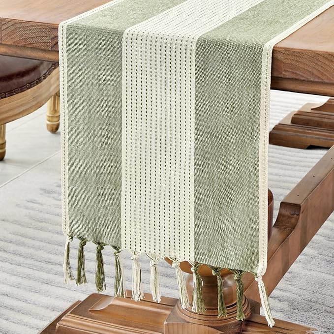 Wracra Linen Table Runner, Farmhouse Macrame Table Runners 48 Inches Long for Dining Table Decor, Wedding, Party and Dresser Decor (Sage Green,48")