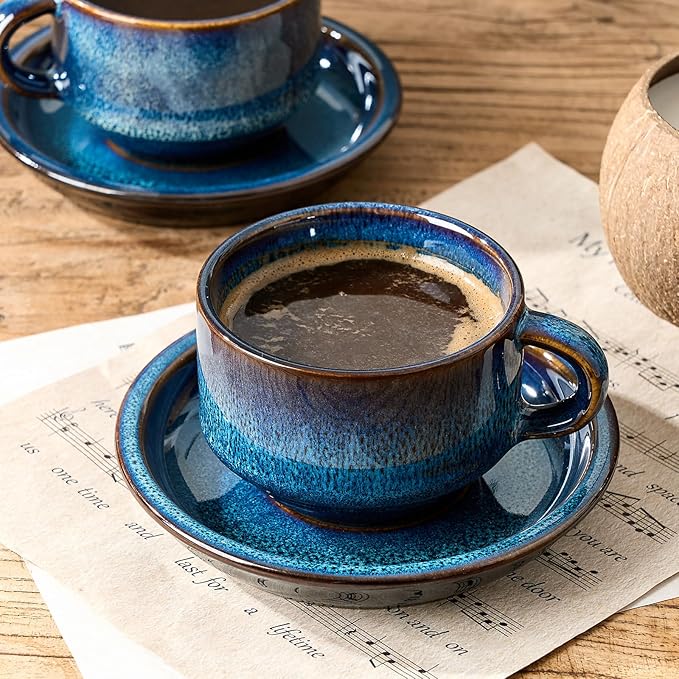 JIEMEI HOME Porcelain Stackable Cappuccino Cups with Saucers and Metal Stand, 7 Ounce Espresso Cups for Latte Coffee Cafe, Specialty Coffee Drinks, Cappuccino and Tea - Set of 4, Midnight Tide