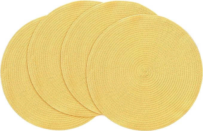 Floroom 15 Inch Round Braided Placemats Set of 4, Washable Heat Resistant Cotton Polyester Circle Place Mats for Kitchen Dining Table - Yellow