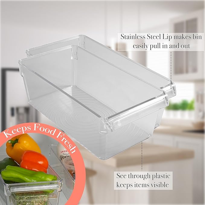 Kitchen Details 2 Pack Medium Refrigerator Storage Bin | Fridge & Freezer | Kitchen Organization | Stainless Steel Handle | Countertop | Cabinets | Pantry | Clear
