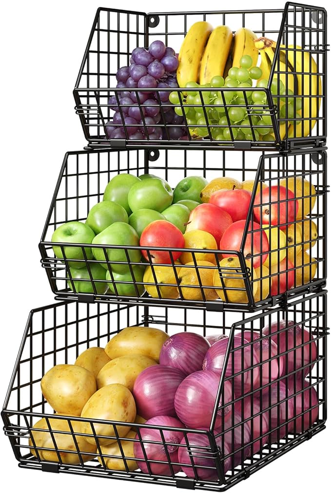 3-Tier Stackable Wire Baskets for Counter, Fruit and Vegetable Storage, Potato and Onion Storage Bin，Kitchen Pantry Organizer - Wall Basket for Produce/Snack/Can, Black