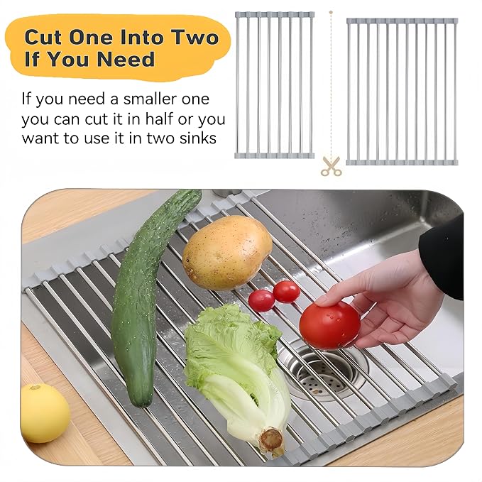 Roll Up Dish Drying Rack 21.3" x 15.8" Over The Sink Dish Drying Rack, Kitchen Dish Rack Stainless Steel Dish Drying Rack for Kitchen Sink Counter Storage (Grey)