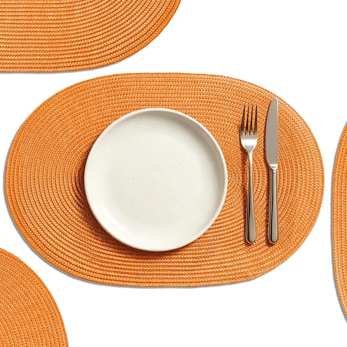 AHHFSMEI Placemats Set of 4 for Dining Table Washable Woven Non-Slip 18x12 inches Placemat Heat-Resistant Durable Table Mats for Dining Table Easy to Clean (Oval Orange, 4)