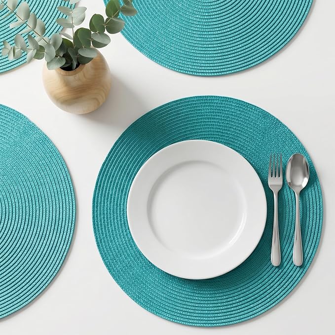 AHHFSMEI Round Placemats Set of 6 Heat Resistant Washable Non-Slip Woven Braided Table Mats for Dining Table Kitchen & Home Decor (Turquoise)