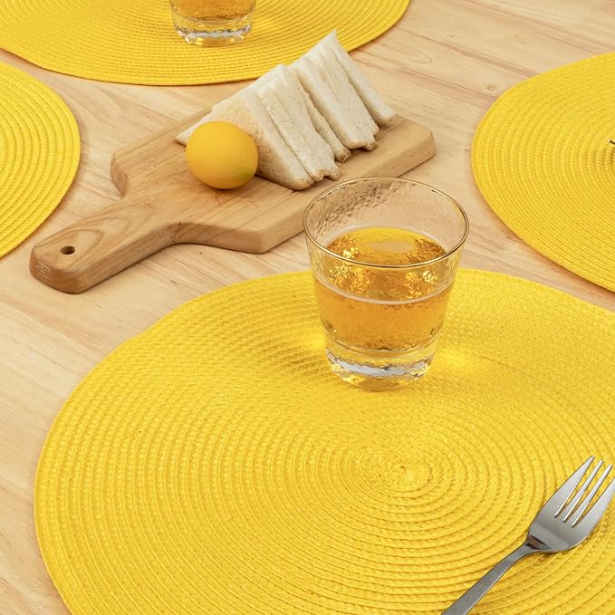 Winknowl Round Braided Placemats Set of 6 Washable Woven Heat Resistant Table Mats for Kitchen Dining Tables 15 inch Round Place Mats (Yellow,6pcs)