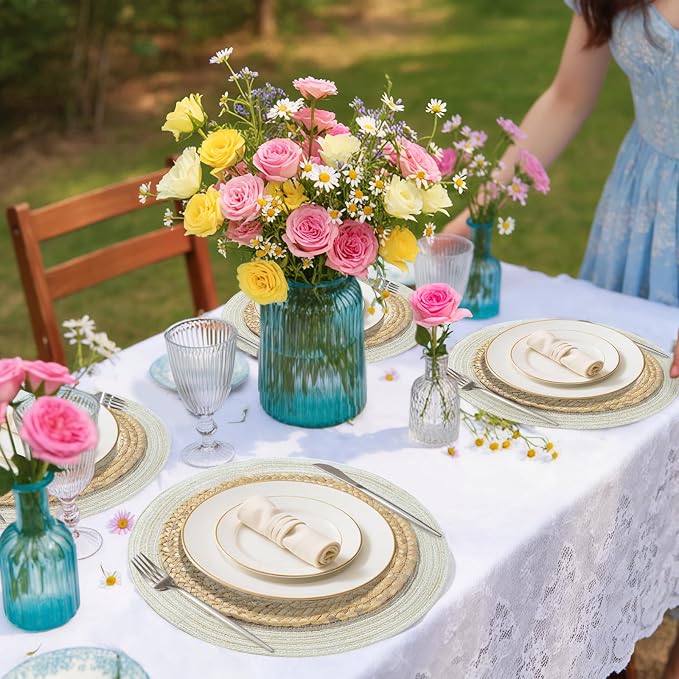 Handmade Round Boho Placemats Set of 6 | Natural Woven & Polyester Braided Combo Table Mats | 12-Piece Versatile Place Mats | Simple Rustic Farmhouse Style Dining Table Decor, Ivory