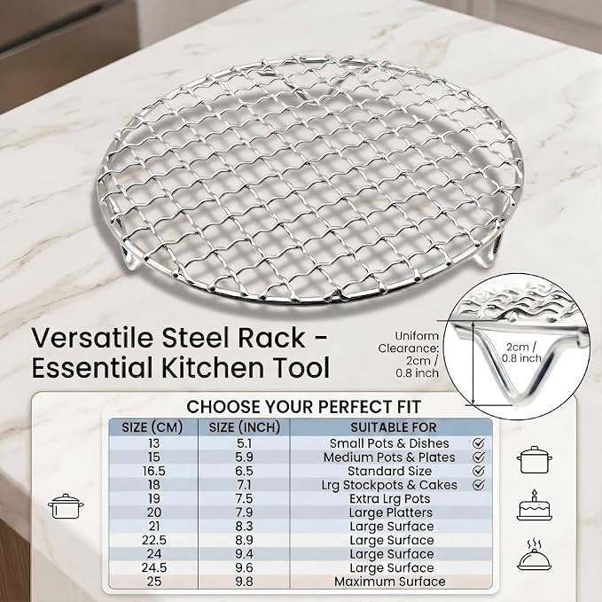 2PCS Small Cooling Rack 7.9 Inch Round Stainless Steel Wire Rack, Steamer Rack for Pots, Air Fryer Rack with Fixed Legs for 6 Qt Multi-Cookers, Oven Safe for Cooling, Roasting and Steaming (7.9 Inch)