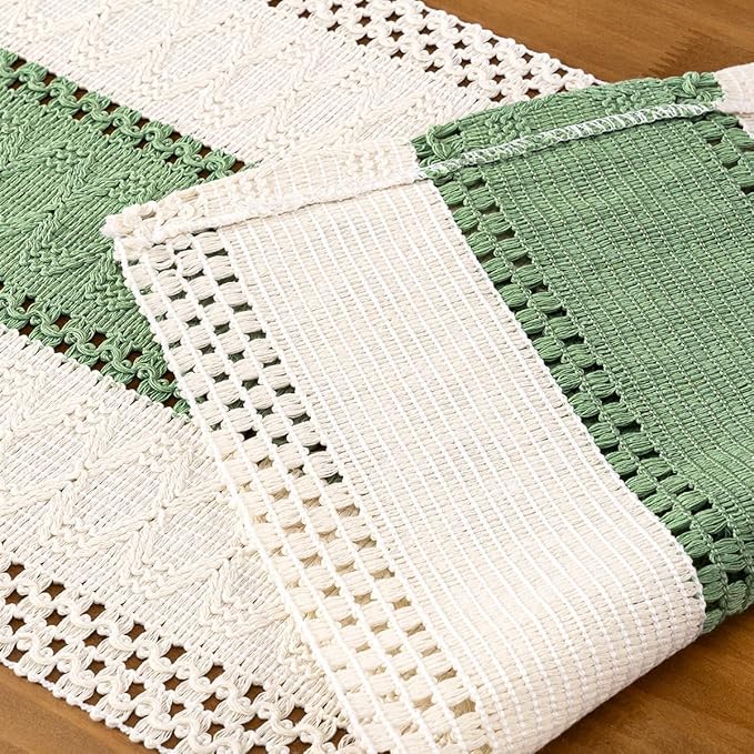 MLMC Sage Green Boho Table Runner Farmhouse Macrame Woven Table Runner 60 inch Long Rustic Cotton Linen Blend Table Decor for Dinning Kitchen Wedding Bridal Shower Eveyrday Use 12x60 Inch