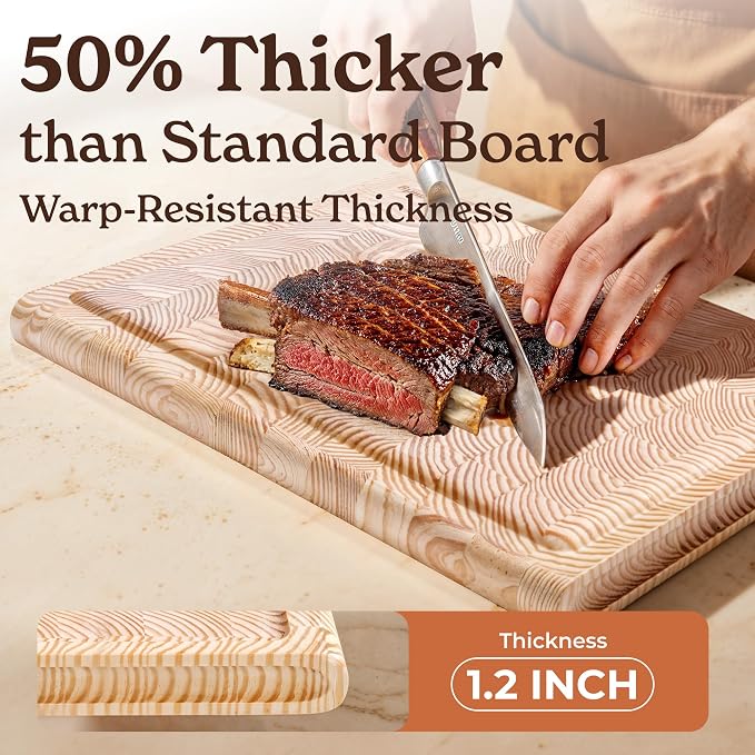 Smirly Reversible 17" Large Larch Cutting Board for Kitchen - 1.2"Th Heavy Duty Real Wood Cutting Board with Deep Juice Groove - Reversible Wooden Cutting Board for Multiple Uses - Only 1 Piece