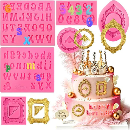 6 Pcs Picture Frame Silicone Molds, Mini Vintage Photo Frame Fondant Molds Letter Molds and Number Molds Kit for Cupcake Topper Chocolate Candy Resin Making Edible Letters Numbers for Cakes Decorating