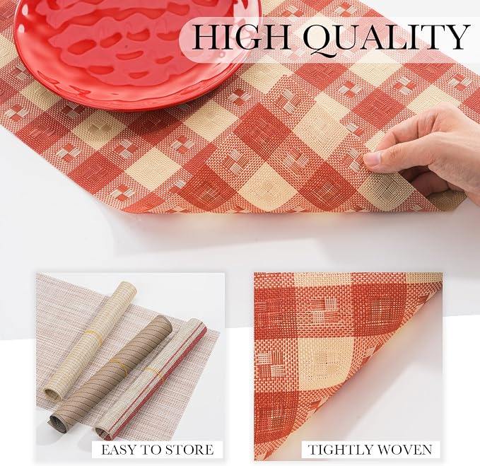 BACKTOEDEN Placemats Set of 6 Heat Resistant Washable Wipeable Placemat Woven Non-Slip Foldable Vinyl/Plastic Place Mats Indoor/Outdoor Mat Kitchen Dining Table Pad, Red Checkered