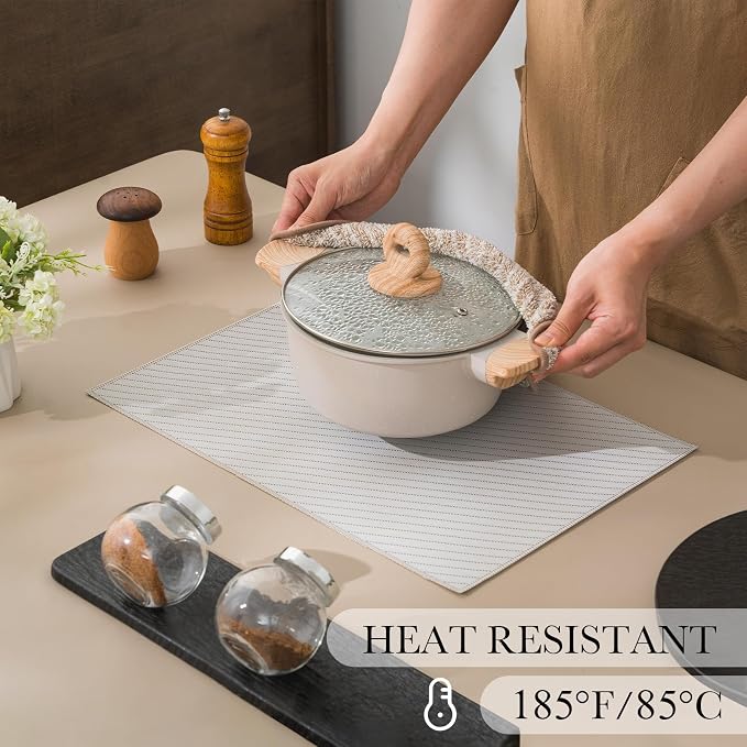 BACKTOEDEN Placemats Set of 12 Heat Resistant Washable Wipeable Placemat Woven Non-Slip Foldable Vinyl/Plastic Place Mats Indoor/Outdoor Mat Kitchen Dining Table Pad, Light Gray Twill