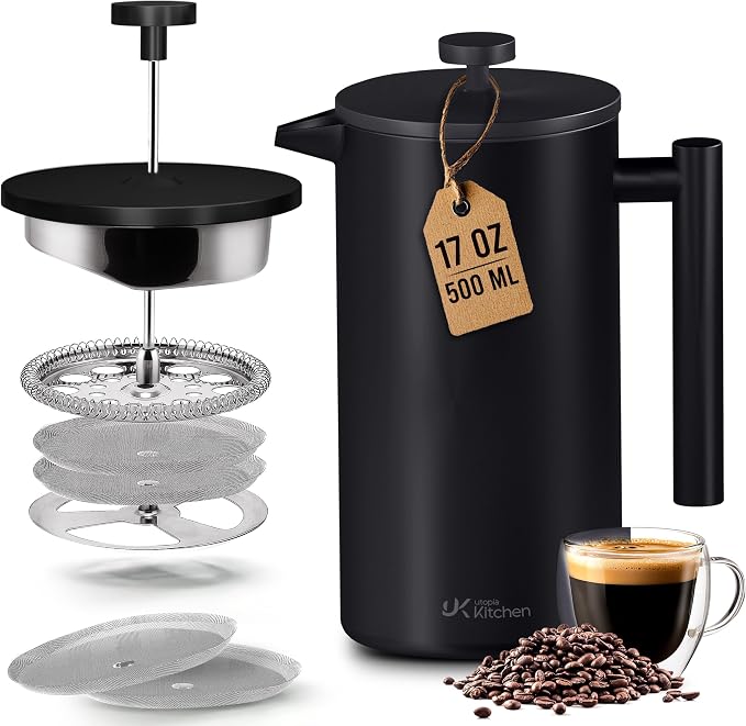 Utopia Kitchen 304 Grade Stainless Steel French Press 17 Oz, Black | Double Wall Insulated Coffee Press with 4-Level Filtration System, Include 2 Extra Filters, Rust-Free, Dishwasher Safe