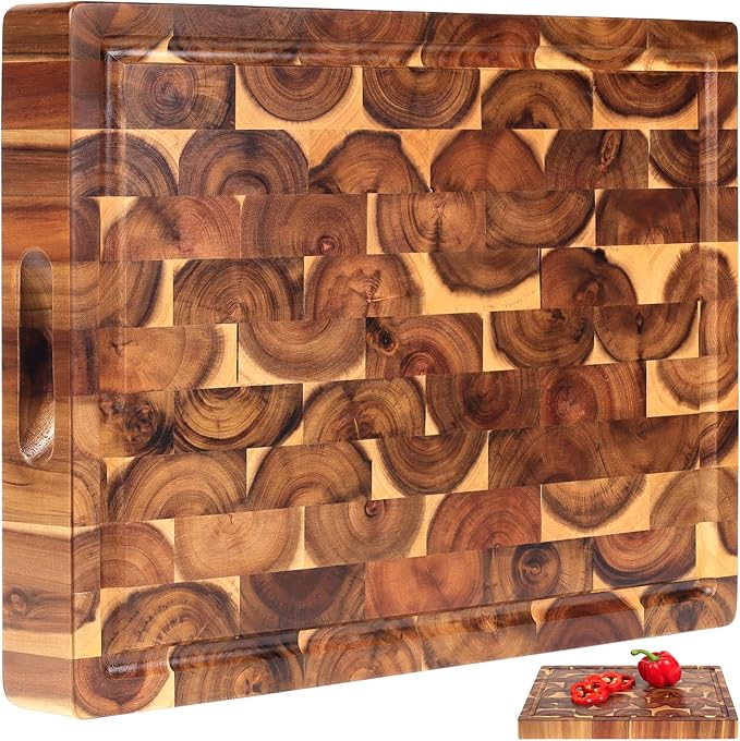 XL Acacia End Grain Wood Cutting Board (20x15x1.5in) Acacia Wooden Cutting Board, Butcher Block, Chopping Board - Reversible Multipurpose For Kitchen with Juice Groove, Cracker Holder & Inner Handles.