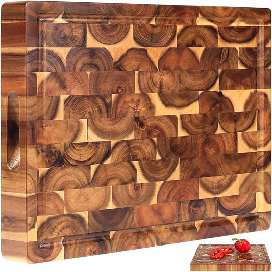 XL Acacia End Grain Wood Cutting Board (20x15x1.5in) Acacia Wooden Cutting Board, Butcher Block, Chopping Board - Reversible Multipurpose For Kitchen with Juice Groove, Cracker Holder & Inner Handles.