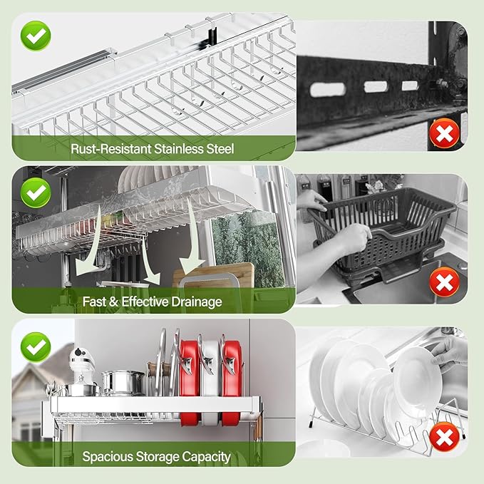 Over The Sink Dish Drainer Drying Rack 3 Tier, Full Stainless Steel Dish Drying Rack Adjustable Length 20.9''-37.4'' , Kitchen Sink Shelf, Organized Space-Saving Dish Rack with Pots and Pans Rack