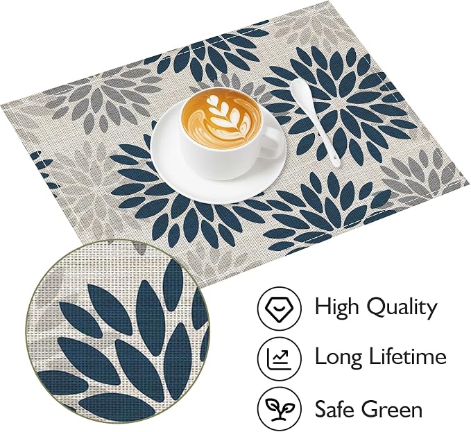 Niviy Dahlia Aqua Floral Pinnata Flower Placemats Set of 4, 12x18 Inch Washable Easy to Clean Heat-Resistant Anti-Skid Grey Placemats for Holiday Party Kitchen