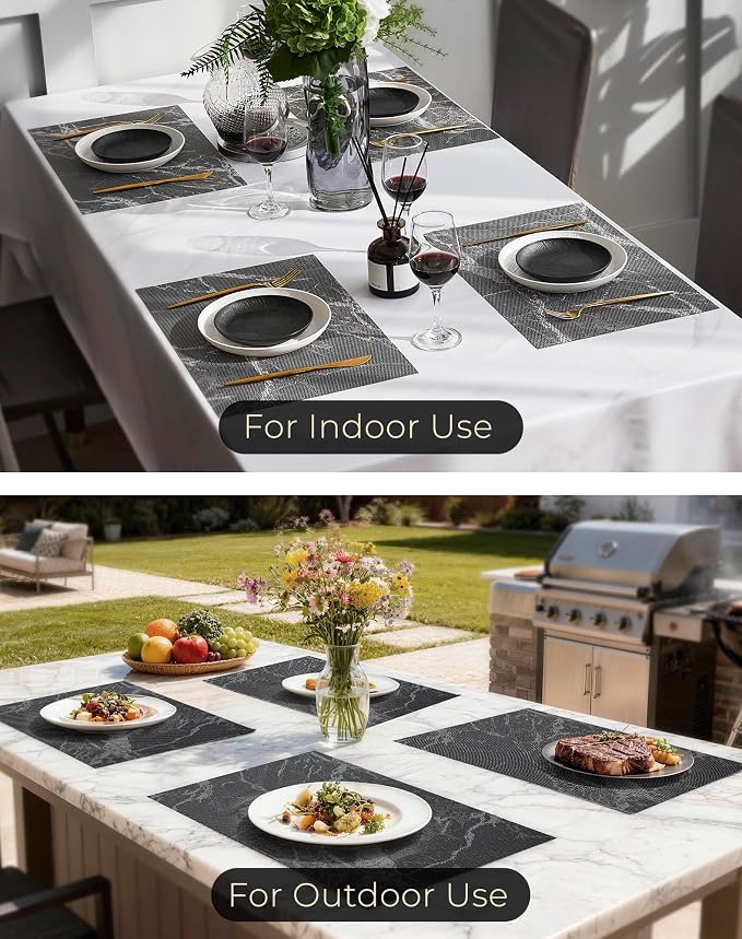 Leetaltree Reversible Marble Placemats Set of 6 - Ships Flat and Stays Flat, Durable Washable Vinyl PVC Placemats, Heat Resistant, Easy Wipe Clean (Black Marble Pattern)