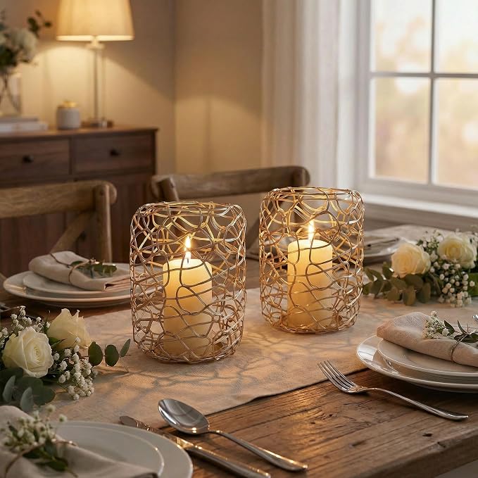Nest Decorative Lanterns for 3'' Pillar Candles, Gold Candle Holders Set of 2, Rustic Candleholder Stand for Fireplace Mantel Decor & Table Centerpieces for Christmas, Thanksgiving