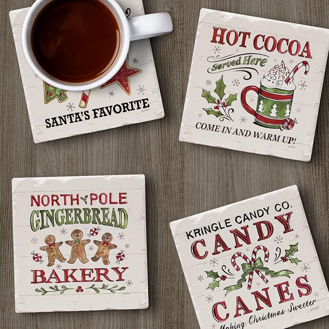 Thirstystone Holiday Treats 4 Pack Assorted Tumbled Tile Stone Coasters with Protective Cork Backing 4" Square Manufactured in the USA
