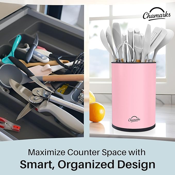 3-in-1 Kitchen Utensil Holder for countertop with Knife Block and Silverware Caddy. (Pink)
