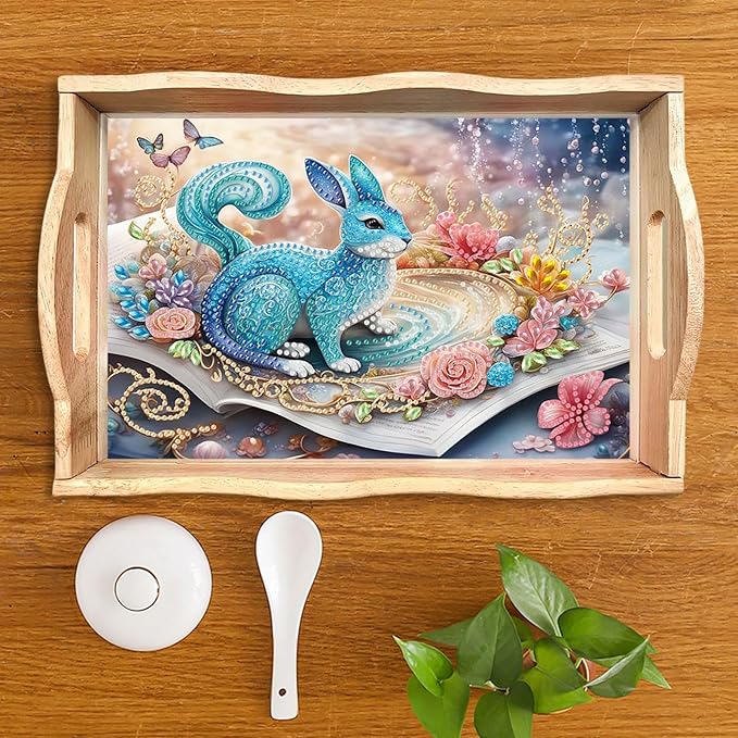 DIY Diamond Serving Tray Diamond Art Painting Creative Design Handmade Wooden Tray Dinner Plate for Coffee Breakfast Home Organizer-Blue Rabbit