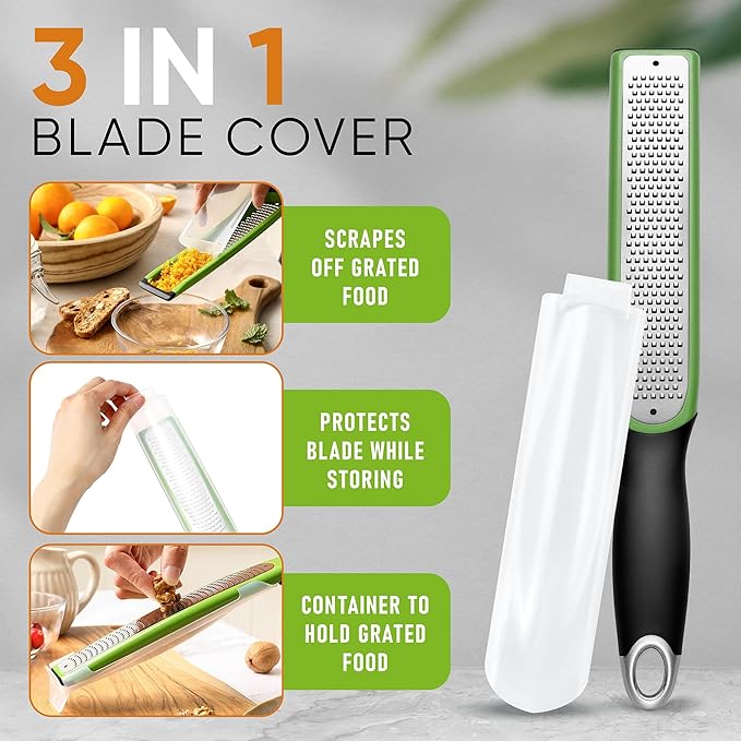 Spring Chef Premium Lemon Zester Grater with Handle - Orange, Garlic, Ginger, Nutmeg, Cheese Grater- Handheld Sharp Kitchen Tool - Stainless Steel Citrus Zester with Blade Cover - Fine Shred, Green