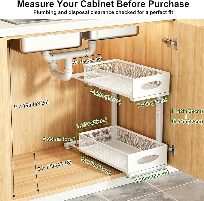 Under Sink Organizer, Pull Out Cabinet Organizer, White | Rustproof Carbon Steel, 2 Tier Mesh Sliding Drawers, 5-Level Height Adjustable to Bypass Pipes, for Kitchen Bathroom Laundry