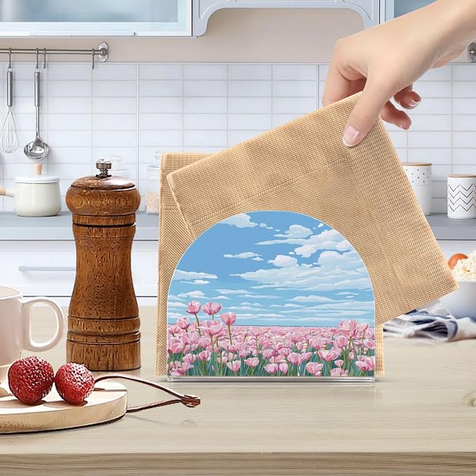 Napkin Holder Acrylic Napkin Holder for Table Kitchen Party Restaurant U Shaped Upright Napkin Dispenser Organizer Pink Tulip Field and Blue Sky