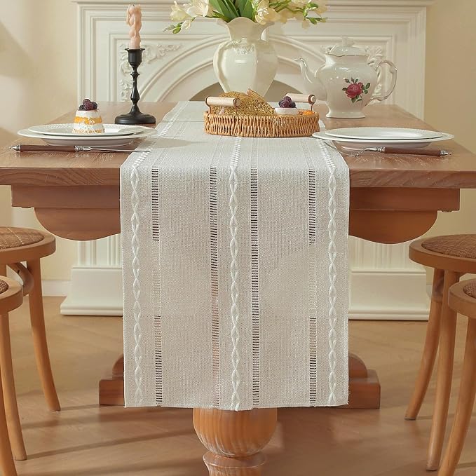 Niviy Boho Cotton Linen Beige Table Runner, Ivory Farmhouse Woven Table Runners Spring Summer Holiday Kitchen Dining Table Decoration for Home Party Decor 13 x 72