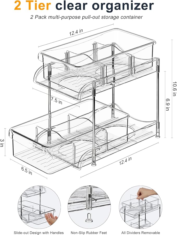 Sevenblue Under Sink Organizer, Bathroom Organizers and Storage, 2 Tier Multi-Use Pull Out Cabinet Organizer with Hang Hooks and Cups (transparent, 2 Pack)