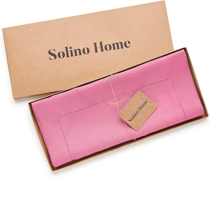 Solino Home Linen Flamingo Pink Table Runner 144 Inches Long - 100% Pure Linen Extra Long Table Runner 14 x 144 Inch for Summer - Classic Hemstitch