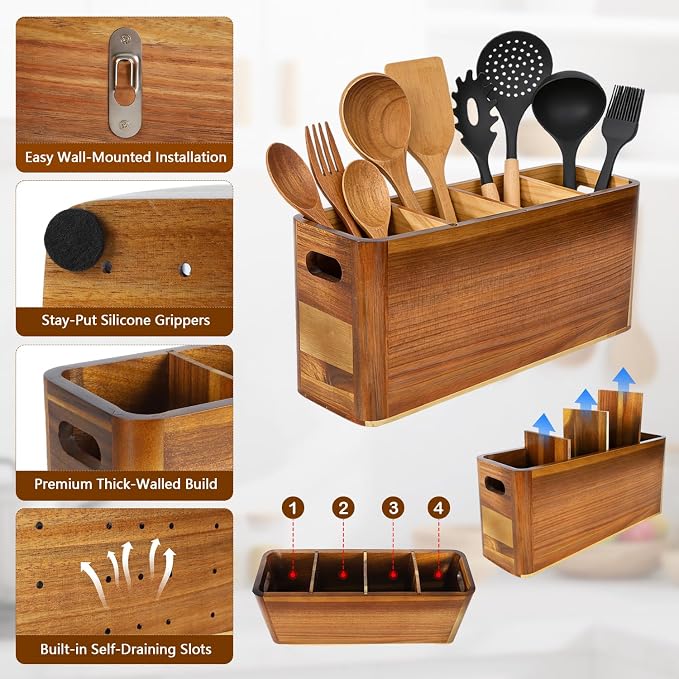 Large 4-Compartment Acacia Wooden Utensil Holder, Rustic Kitchen Counter Organizer, Extra Large Wood Storage Container for Cooking Utensils and Silverware