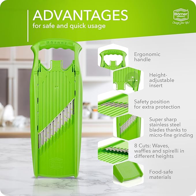 Börner by Reston Lloyd Wave-Waffle Power Line • Crinkle Cut/Spirelli Vegetable Slicer • Slicer for Wave Waffle Cut Style • Multiple Thickness Options • Made in Germany, Lime