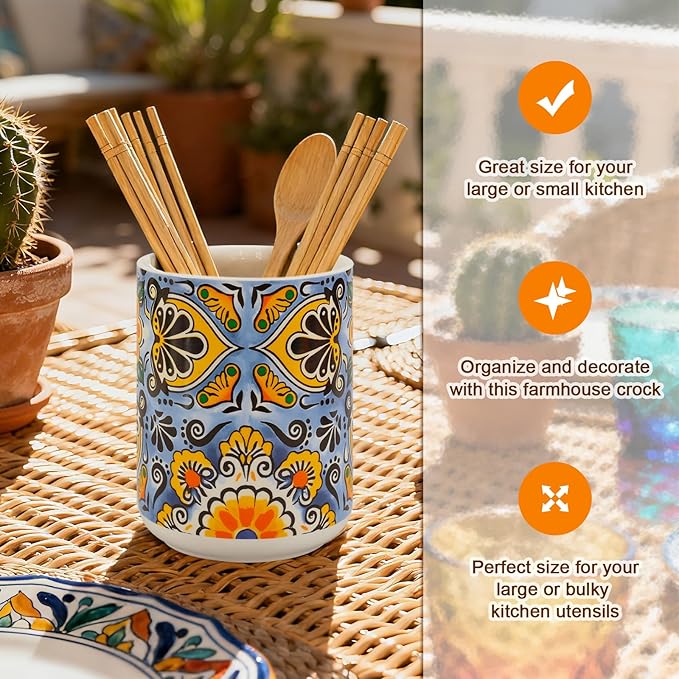 FYSUIMU Mexican Utensil Holder for Counter Cinco De Mayo Talavera Pottery Kitchen Decor Vintage Utensil Crock Ceramic Mexico Decor for Home Kitchen Countertop Storage Container Vase Spatula Holder