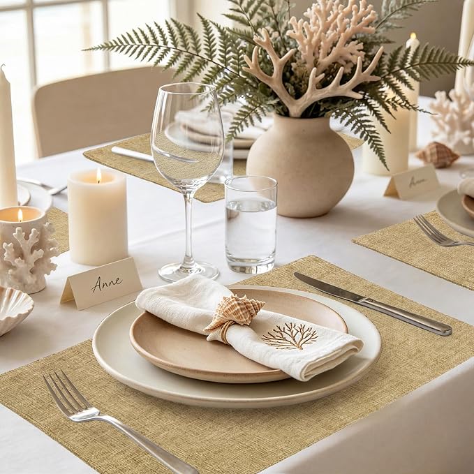 homing Faux Cotton Linen Placemats Set of 6, Cloth Washable Farmhouse Dining Table Mats for Indoors & Outdoors, Easy to Clean, Linen, 13 x 19 Inch