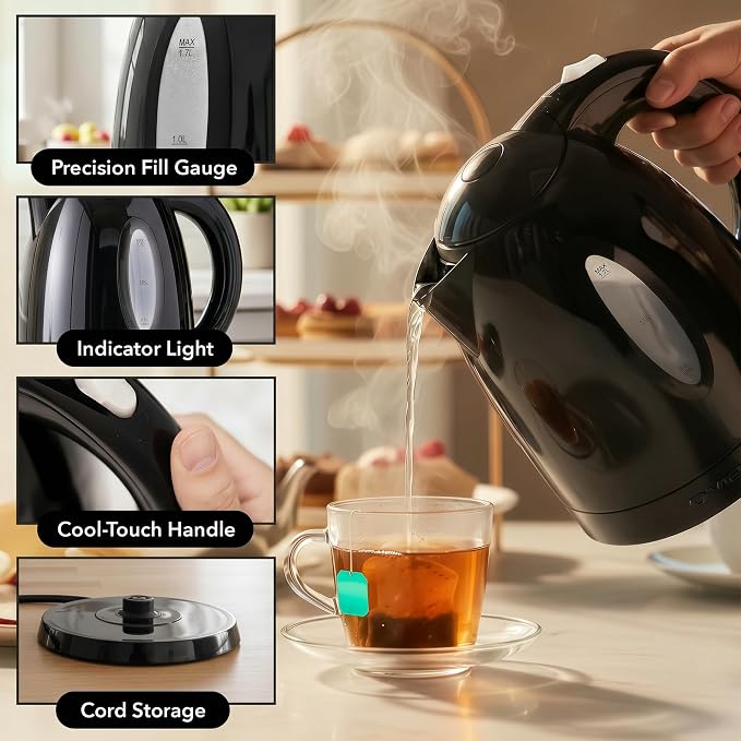 OVENTE Electric Kettle, 1.7L Fast Boiling Water Heater for Coffee or Tea, BPA Free with Water Level Gauge, Auto Shut-Off, Boil-Dry Protection, Indicator Light and Removable Filter, Black KP72B